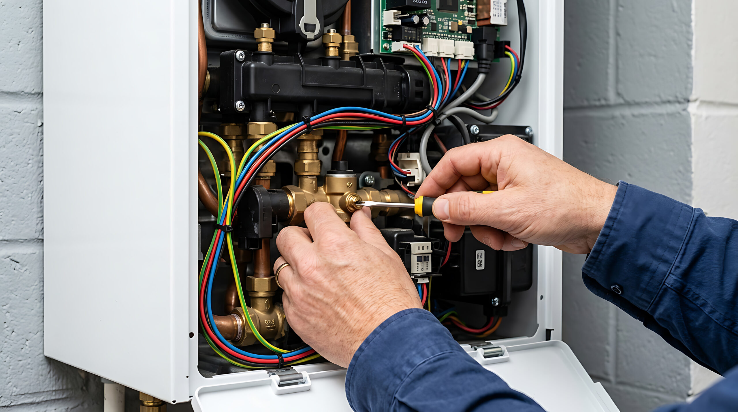 Hände reparieren Heizungsanlage mit Werkzeug